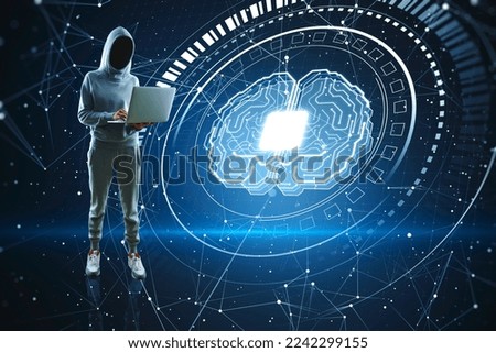 Hacker using laptop computer with glowing polygonal chip and brain hologram on blurry dark background. AI, data theft, malware, metaverse and technology concept