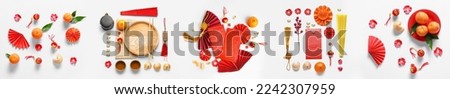 Collage of beautiful Chinese symbols for New Year celebration on white background