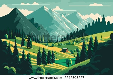 Mountain green field alpine landscape nature with wooden houses illustration in vector flat color style illustration Royalty-Free Stock Photo #2242308227