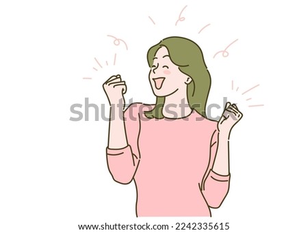 Young woman is smiling and cheerful. Surprised and excited. Hand drawn in thin line style, vector illustration. Royalty-Free Stock Photo #2242335615