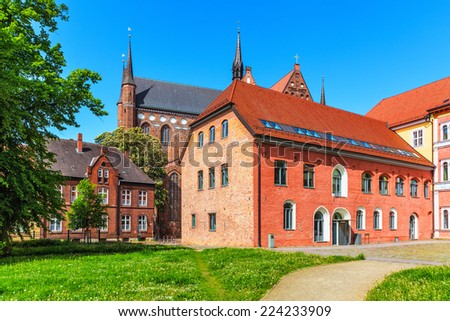 Scenic summer view of ancient architecture in the Old Town of Wismar, Mecklenburg region, Germany