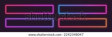 Neon gradient frames, rectangular glowing borders set, colorful futuristic UI design elements. Vector illustration.
