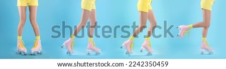 Photos of woman with retro roller skates on light blue background, closeup. Collage banner design