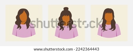 faceless girl in purple shirt with different hairstyles. bun, bangs, and wavy hair. vector illustration design for banner, poster, social media, website, and elements. Royalty-Free Stock Photo #2242364443