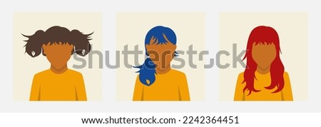 faceless girl in yellow shirt with different hairstyles. brown, red, blue haired lady. vector illustration design for banner, poster, social media, website, and elements.