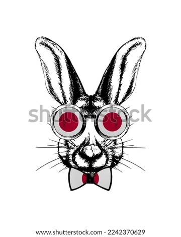 Easter bunny hand drawn portrait. Patriotic sublimation in colors of national flag on white background. Japan