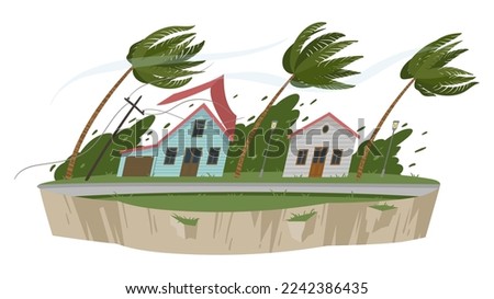 Cartoon storm wind natural disaster. Superstorm catastrophe, suburban house damage, gale cataclysm flat vector illustration on white background Royalty-Free Stock Photo #2242386435