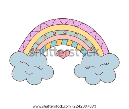 Cute kawaii doodle rainbow with clouds. Hand drawn colorful vector illustration.