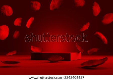
Red product podium placement on solid background with rose petals falling. Luxury premium beauty, fashion, cosmetic and spa gift stand presentation. Valentine day present showcase.