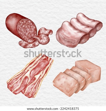 watercolor sausage meat product collection set clip art