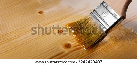 applying transparent varnish on wood with paint brush. wooden furniture coating and protection. banner with copy space Royalty-Free Stock Photo #2242420407