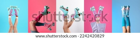 Photos of women with retro roller skates on different color backgrounds, closeup. Collage banner design Royalty-Free Stock Photo #2242420829