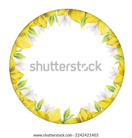Watercolor hand drawn circle wreath with spring flowers, daffodils, crocus, snowdrops, leaves. Isolated on white background. Design for invitations, wedding, greeting cards, wallpaper, print, textile