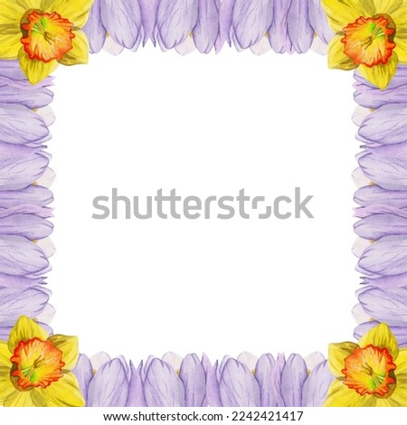 Watercolor hand drawn square frame with spring flowers, crocus, snowdrops, daffodils, leaves. Isolated on white background. Design for invitations, wedding, greeting cards, wallpaper, print, textile
