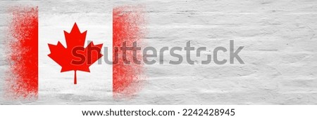 Flag of Canada. Flag painted on a white plastered brick wall. Brick background. Copy space. Textured creative background