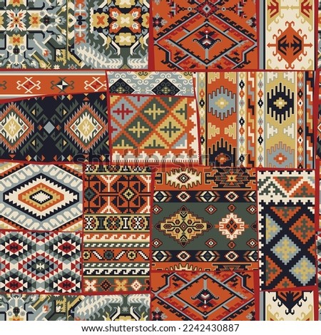 Caucasian style antique kilim carpet motifs patchwork vector seamless pattern wallpaper Royalty-Free Stock Photo #2242430887