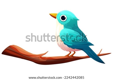 Blue bird sitting on branch with wings and tail cute character in cartoon style isolated on white background.