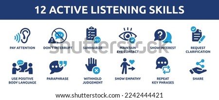 12 Active Listening Skills Icon Set. Containing pay attention, eye contact, body language, show empathy, don't interrupt and share icons. Solid icon collection. Royalty-Free Stock Photo #2242444421