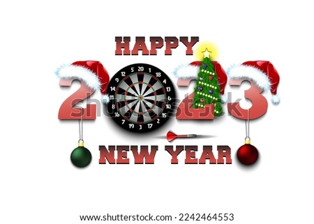 Happy new year. 2023 with dartboard. Numbers in Christmas hats with dart and Christmas tree ball. Original template design for greeting card. Vector illustration on isolated background