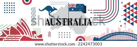 Australia day banner design for 26 January. Abstract geometric banner for the national day of Australia in shapes of red and blue colors. Australian flag theme with landmark background. Royalty-Free Stock Photo #2242473003