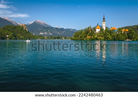Majestic clean lake with old church on the small island, lake Bled, Slovenia, Europe Royalty-Free Stock Photo #2242480463