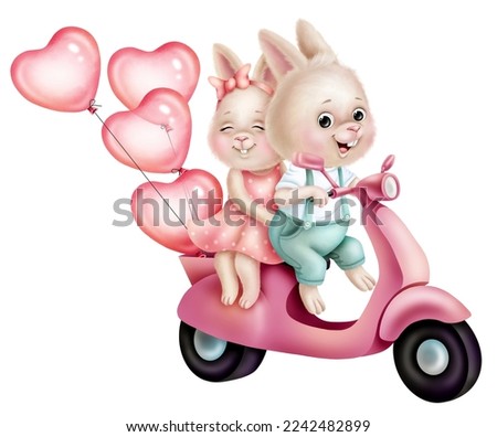 Cute bunnies boy and girl ride on a pink scooter with heart balloons tied to them. Perfect for poster design, baby textiles, invitations, greeting cards, stickers, postcards.