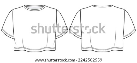 womens short sleeve crew neck crop top flat technical cad drawing template Royalty-Free Stock Photo #2242502559