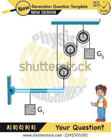 Physics, Science experiments on force and motion with pulley, Pulley examples, Pulleys with different wheels, Single and double reels, next generation question template, exam question, eps