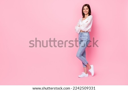 Full length photo of gorgeous young girl folded hands confident freelancer banner wear trendy white look isolated on pink color background