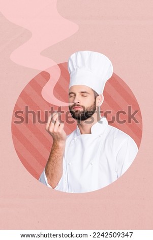 Vertical collage picture of satisfied positive cook man closed eyes enjoy smell aroma isolated on drawing background