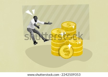 Creative photo 3d collage artwork poster postcard of crazy man win lottery hurry take his money isolated on painting background