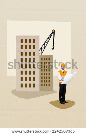 Vertical collage picture of black white effect person hold read paper plan building construction isolated on drawing background