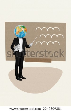 Collage artwork graphics picture of small little child kid answering geography lesson isolated painting background