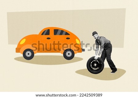 Vertical collage image of black white colors car mechanic man hands hold automobile wheel isolated on drawing background