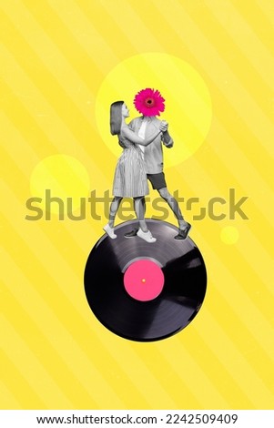 Creative collage template graphics image of charming happy lady dancing guy flower instead of head isolated drawing background