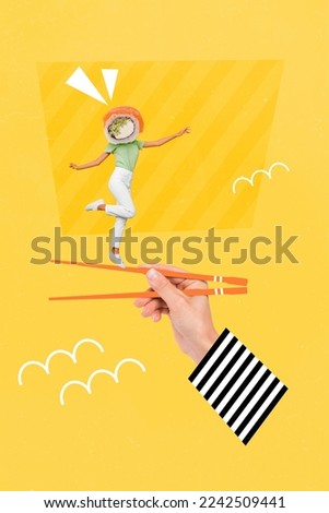 Photo collage cartoon comics sketch picture of funky lady sushi instead of head walking arm chopsticks isolated drawing background