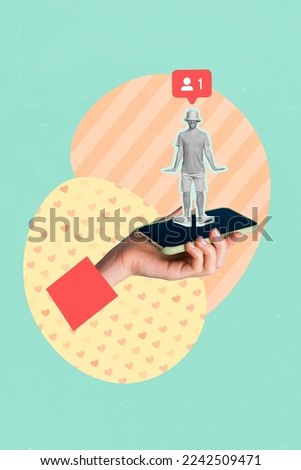 Collage 3d image of pinup pop retro sketch of arm holding guy getting instagram twitter facebook likes isolated painting background Royalty-Free Stock Photo #2242509471