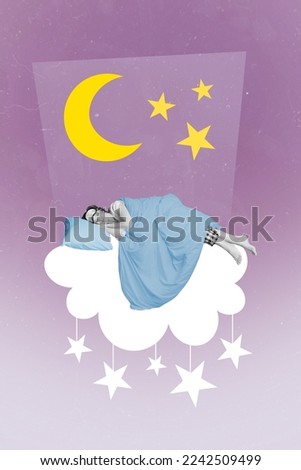 Creative photo 3d collage artwork poster postcard picture of sleepy girl relax after work day isolated on painting background