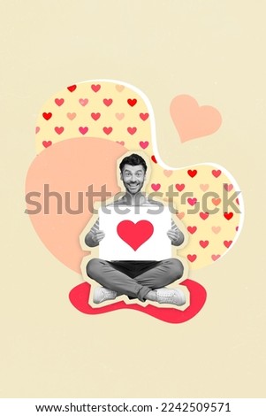 Photo collage artwork minimal picture of excited funny guy rising heart billboard looking for girlfriend isolated drawing background Royalty-Free Stock Photo #2242509571
