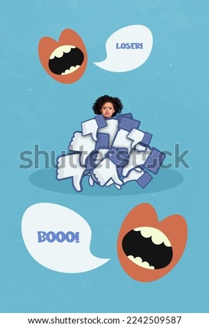 Creative photo 3d collage artwork poster picture of young girl suffering bullying thumbs down isolated on painting background