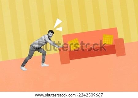 Creative photo 3d collage artwork poster picture of happy joyful man decorating room living new flat isolated on painting background