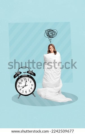 Creative photo 3d collage artwork poster of unhappy girl dont want leave bed wake up go school lessons isolated on painting background