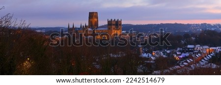 Panoramic view of Durham City just after sunset, with the Cathedral floodlit. County Durham, England, UK. Royalty-Free Stock Photo #2242514679