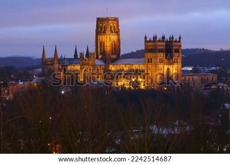 View of Durham City just after sunset, with the Cathedral floodlit. County Durham, England, UK. Royalty-Free Stock Photo #2242514687