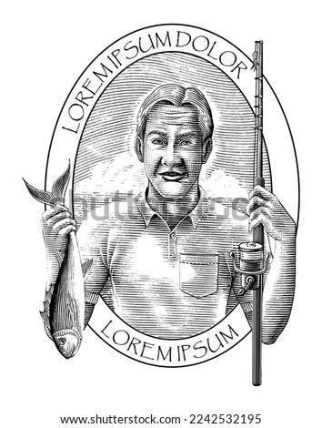 Fisherman hand drawing engraving style clip art