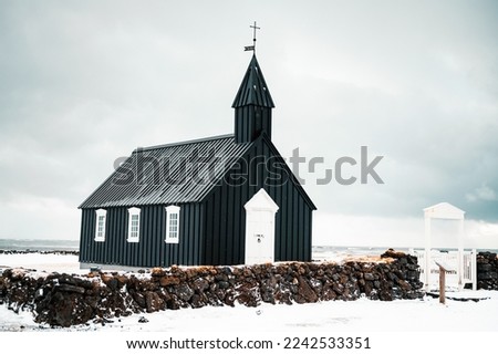 The little black church of Budir, Búðakirkja Black Church. South coast of Snaefellsnes peninsula In the West of Winter Iceland