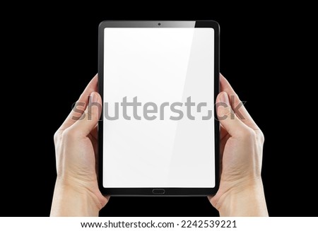 Hands with tablet computer, isolated on black background