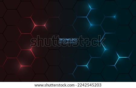 Dark red and blue hexagon abstract technology background with red and blue colored bright flashes under hexagon. Hexagonal gaming vector abstract tech background. Royalty-Free Stock Photo #2242545203