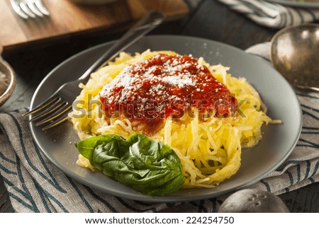 Homemade Cooked Spaghetti Squash Pasta with Marinara Sauce Royalty-Free Stock Photo #224254750
