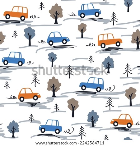 Children seamless pattern with cars and trees in hand drawn flat style. Endless fun cartoon kids ornament for fabric and fashion textile pint. Vector background.
